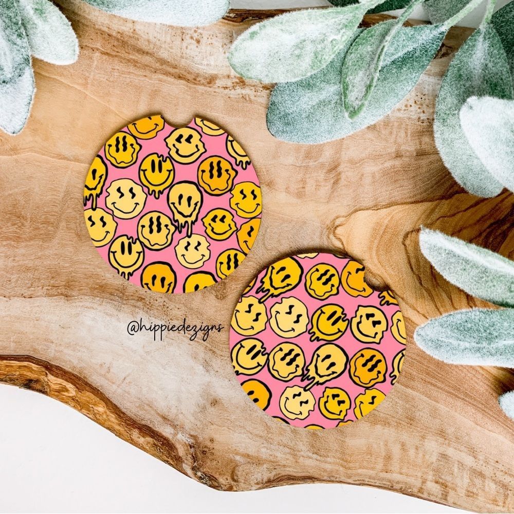 Trippy Smiley Face Car Coaster Set |  Smiley Face 😀 Coaster Set